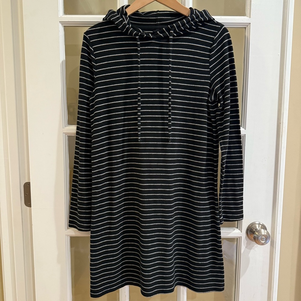 Lou & Grey Black White Striped Hooded Soft Knit Long Sleeve Sweater Dress MED
